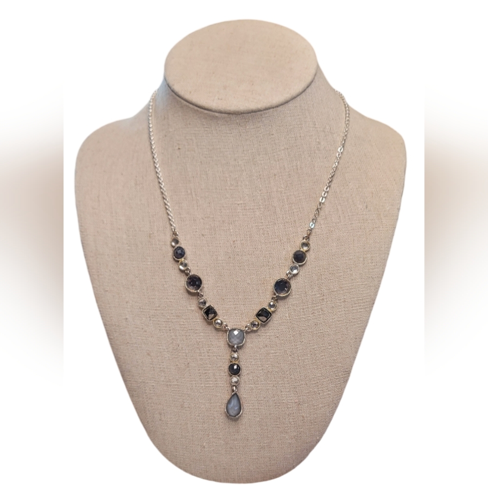 Vintage Avon Rhinestone Crystal Bead Y Drop Necklace Gray Gunmetal